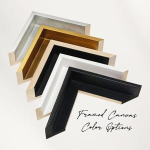 Pu&ograve; includere: Una selezione di opzioni di colore per tele incorniciate. Le cornici sono mostrate in argento, oro, legno naturale, bianco e nero. Il testo "Framed Canvas Color Options" &egrave; scritto in un carattere script.