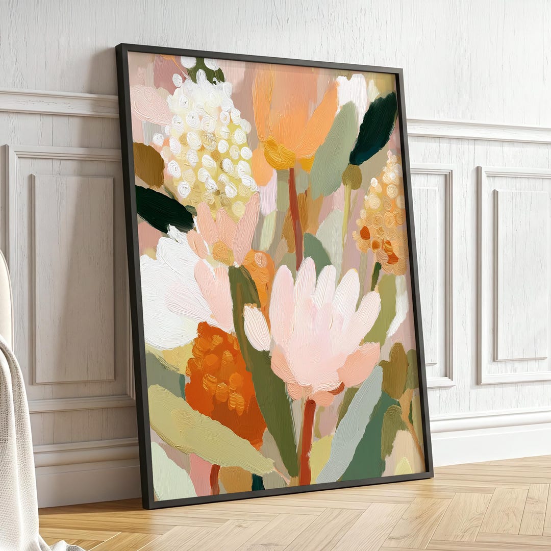 Boho Floral Wall Art · Abstract Botanical Painting · Warm Pastel Flower ...