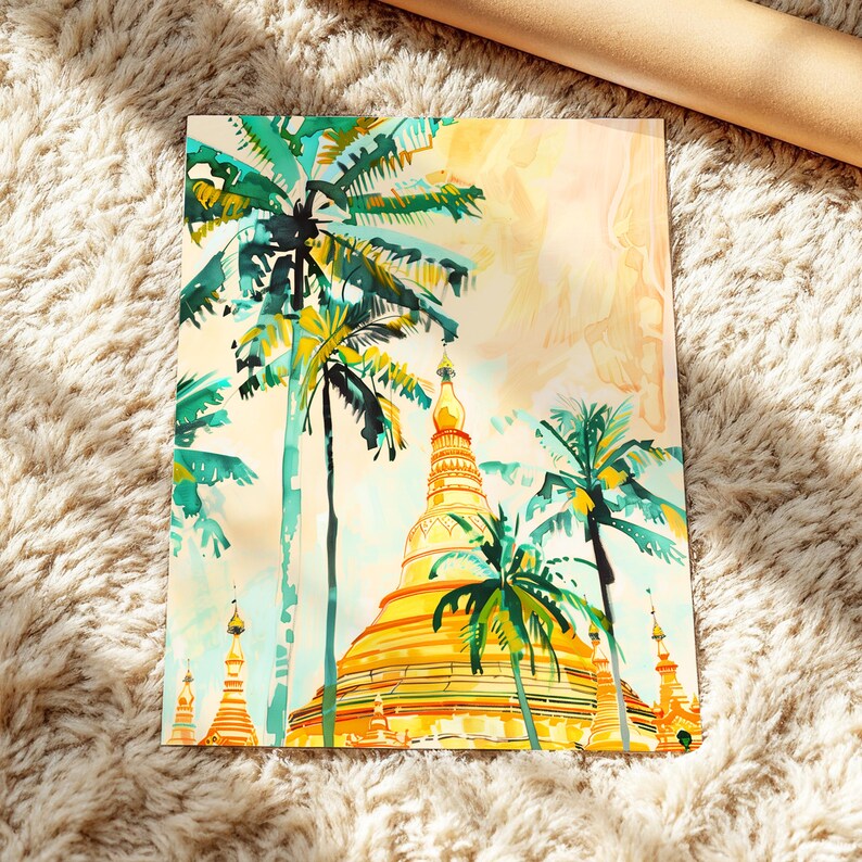 Shwedagon Pagoda Wall Art Tropical Burma Painting Golden Buddhist Shwedagon Pagoda Wall Art Tropical Burma Painting Golden Buddhist