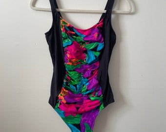 90s VINTAGE VTG One Piece Swimsuit w/ Tropical Bodice and Low Back Full Coverage