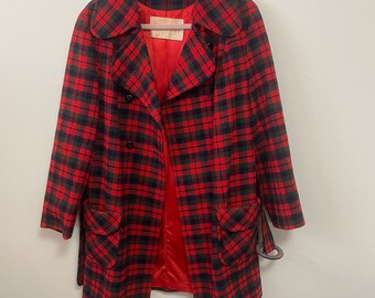 VINTAGE 100% Wool Red Tartan Plaid Pendleton Peacoat w/ Belt Sz M