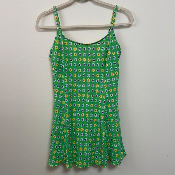 90s VINTAGE Y2K VTG One piece Dress Tropical Bright Green Multi Floral Skirted Spaghetti Strap Scoop Neck Low Back Modest Swimsuit Size 12