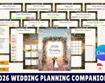 Op de afbeelding: Een trouwplanner met 75 pagina's, 21,6 x 27,9 cm, met checklists, kalenders en planningstools. De omslag toont een stel onder een bloemenboog met de tekst "2026 Wedding Planning Companion".