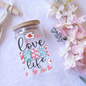 Love Nurse Life Libbey Glass Cup With Bamboo Lid And Straw | 16oz Iced Coffee Cup | Cute Nurse Gift For Women | Nursing Student Appreciation
