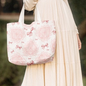 CoquetteTote Bag,Coquette Tote Bag, Pink Bows, Pink and White tote bag, Girlfriend Tote Bag, Coquette Overnight Bag, Pink Polyester Tote