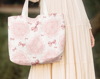 Coquette Tote Bag, Pink Bows, Polyester Fabric
