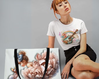 Large Weekender Tote Bag: Sphynx Cat & Girl Art, Travel Shoulder Bag (24x13)