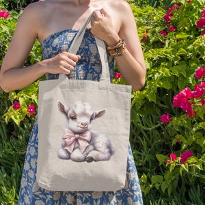 Canvas Tote Bag Coquette Aesthetic Goat, Fashion Tote Bag, Baby Goat Tote, Shopping Tote bag, Printed Canvas tote bag, Gift for her Book Bag