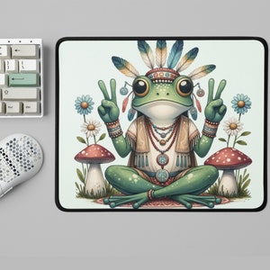 May include: A green frog wearing a peace sign headband and a beaded necklace sits cross-legged with its hands in a peace sign gesture. The frog is surrounded by flowers and mushrooms.