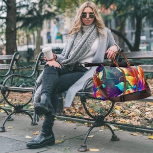 Carryon Luggage Women Colorful Leaves Overnight Weekender Oversized Bag Shoulder Large Tote Bag Travel Bag Waterproof Nylon with PU Straps