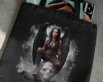 Dark Angel Skull Tote Bag: Gothic Fantasy Art, Black Cotton