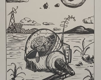 May include: A black and white ink drawing of a robot with a brain in its head. The robot is on a planet with a moon in the background. The robot has a long antenna and wheels.