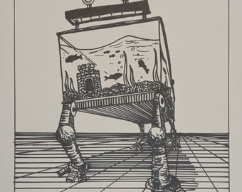 May include: A black and white line drawing of a robot with a fish tank on its back. The robot has two legs and two arms, and the fish tank is filled with water and fish. The robot is standing on a grid pattern.