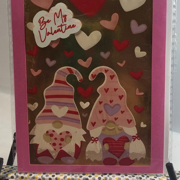 Hand Made Valentine's Card, Gnomes, Pink & Red Hearts, Gold background, blank inside, with Envelope,