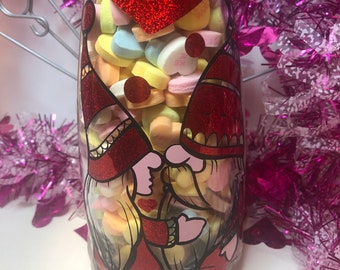 Valentines Day wine bottle, Gnomes Kissing, Clear Glass, Decorated, Filled with Candy Heart notes. Sweetheart Gift, Center piece, Decor