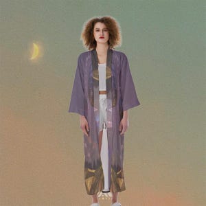 Mystic Moon Moth Kimono Robe – Boho Celestial Wrap with Ethereal Lunar Symbols, Spiritual Goddess Loungewear, Long