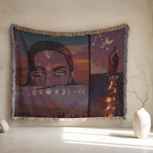 Moon Phase Woven Blanket, Goddess Wall Tapestry, Boho Celestial Decor | Daughter of the Dusk