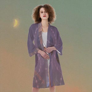 Kimono Mystic Moon Moth: una capa celestial bohemia con símbolos lunares etéreos, ideal para descansar y festivales.