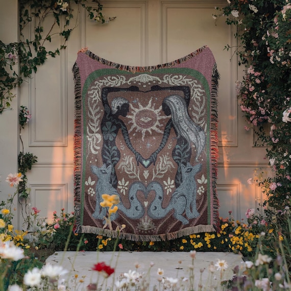 Boho Twin Flame Fox Spirit Tapestry: Woven Cotton Throw Blanket