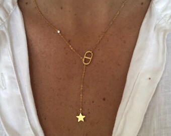 Collier long tendance, ajustable, couleur or, pendentif étoile et strass, acier inoxydable, pas cher