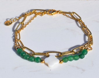 Bracelet double trèfle blanc et perles vert, couleur or, ajustable, acier inoxydable, pas cher