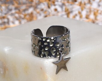 Bague breloque étoile, acier inoxydable, ajustable, pas cher, tendance, couleur argent