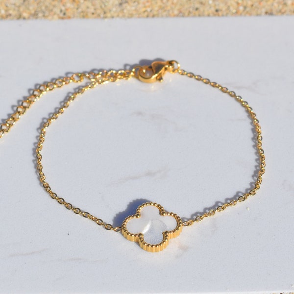 Bracelet femme trèfle blanc nacré, couleur or, acier inoxydable, pas cher