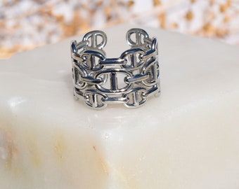 Bague maille marine multirangs, bague femme, acier inoxydable, ajustable, pas cher, couleur argent