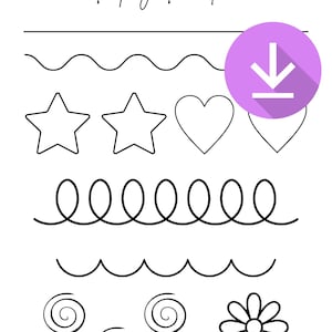 May include: Black and white line art illustration with the text "Piping Practice". The image features various shapes for practicing piping techniques, including straight lines, waves, stars, hearts, spirals, and a flower. A purple circle with a downward arrow is in the image.