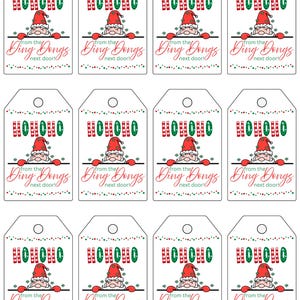 May include: A sheet of Christmas gift tags with a white background. Each tag features a Santa Claus graphic, the text "HOHOHO", and the phrase "from the Ding Dongs next door!" in red and green.