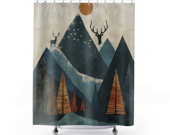 Shower Curtains - Deer on High, Rustic Cabin, Lodge, Mountain Landscape, Trees, Bathroom Decor