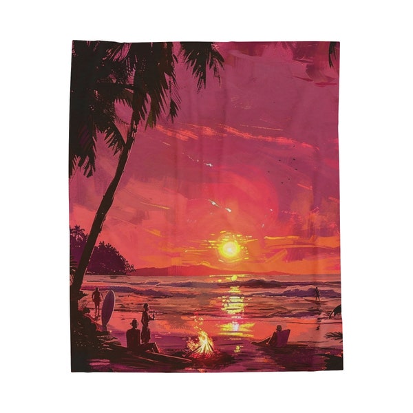 Blanket, Super Soft Plush Velveteen, Deep Pink, Orange, Beach Scene, Sunset, Surfers, Ocean, Fire, Watercolor Art