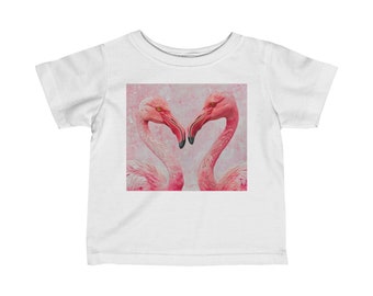 Pareja de flamencos rosados, corazón, amor, camiseta infantil, océano, diseño de casa de playa, camiseta de naturaleza