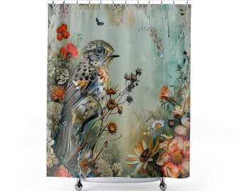 Duschvorhang - Eleganter Vogel, Natur, Blumen, Deko fürs Badezimmer,