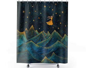 Shower Curtain, Touching the Stars, Mountains, Girl Flying, Stars, Bathroom Decor, Surreal, Fantasy Digital Art