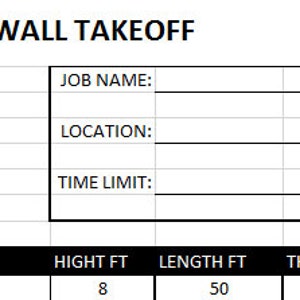 May include: A blank lumber wall takeoff form with headings for job name, location, time limit, phone, days, item, description, height in feet, length in feet, thickness in inches, on center in inches, and end/start. The form has a single entry for a wall east 2x4 with a height of 8 feet, length of 50 feet, thickness of 4 inches, on center of 16 inches, and end/start of 2.