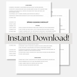 May include: A printable spring cleaning checklist with sections for the living room, kitchen, and dining room. The checklist includes tasks such as dusting, vacuuming, and cleaning appliances.