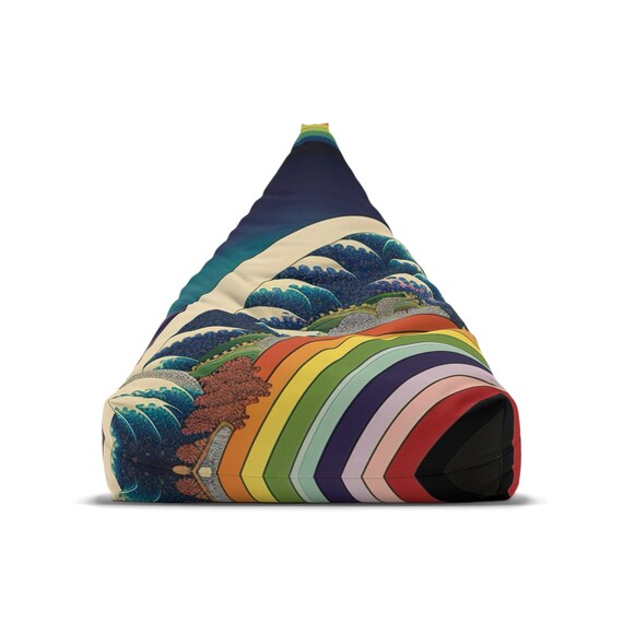 Hokusai Great Wave Inspired Bean Bag Chair | Colorful Harmony Striped Polyester Lounger for Home Decor