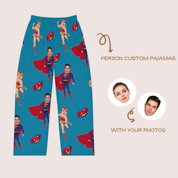 Pyjama personnalisé avec votre photo, pyjama personnalisé avec votre visage, design spécial avec des personnages de super-héros, pyjama pour amoureux