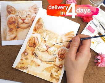 Cute Custom Cat Portrait Made to Order, Handmade Cat Portrait Happy Wall Art, Unique Pet Portrait from Photo, Charming Custom Pet Portraits