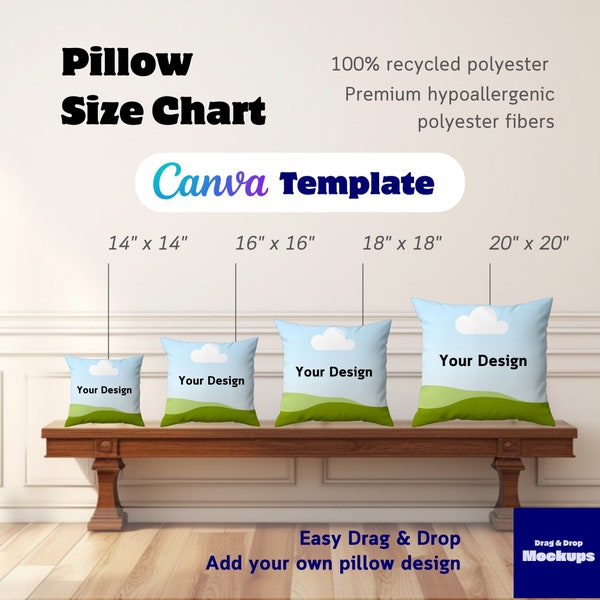 Pillow Mockup Size Chart Pillow Canva Template Drag and Drop Mockups Printify dimensions Pillow Sizing Chart Customizable canva template