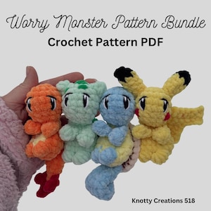 Worry Monsters Bundle, Unique Crochet Pattern, Market Make,  PDF download for amigurumi, Stuffed Animal, Pocket, Electric, Fire, Flower