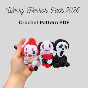 May include: Three small plush crochet figures featuring horror-themed designs, including a clown, a vampire, and a masked character. The text reads Worry Horror Pack 2026 Crochet Pattern PDF. The figures are crafted from soft, textured yarn in red, white, black, and beige.