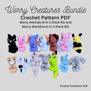 Worry Creatures Bundle, Unique Crochet Pattern, 14in1, Market Make,  PDF download for amigurumi, Stuffed Animal, Pocket Worry Animal