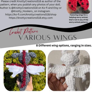 May include: A crochet pattern by KnottyCreations518, titled "VARIOUS WINGS". The image displays examples of crochet wings, including a ladybug design and other wing options. The pattern offers 8 different wing options, with varying sizes.