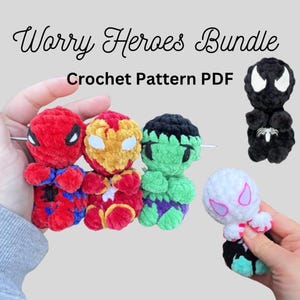Worry Heroes Bundle, Unique Crochet Pattern, Market Make, PDF download for amigurumi, Stuffed Animal, Pocket Friend, Crochet Superhereos