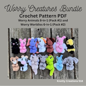 Worry Creatures Bundle, modello all'uncinetto unico, 14 in 1, Market Make, download PDF per amigurumi, animale di peluche, animale tascabile Worry