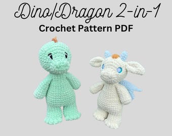 Dino/Drake Virkmönster 2-i-1-paket, UTAN klädmod, PDF-mönster digital nedladdning, unik amigurumi, drakemönster, dinosaurie