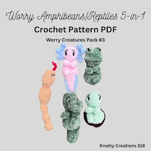 Anfibio/Reptiles Preocupados, Patrón de Crochet 5 en 1, Hecho en el Mercado, Descarga PDF para amigurumi, Patrón de Crochet Único, Animal Preocupado de Bolsillo