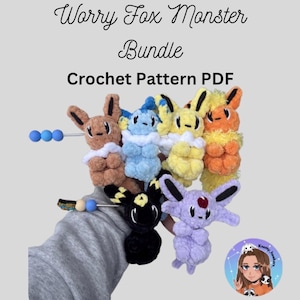 May include: A collection of crocheted Worry Fox Monster plushies in various colors, including brown, blue, yellow, orange, black, and purple. The image includes the text "Worry Fox Monster Bundle Crochet Pattern PDF".